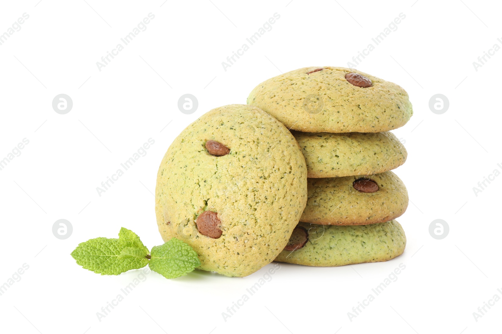 Photo of Delicious mint chocolate chip cookies isolated on white