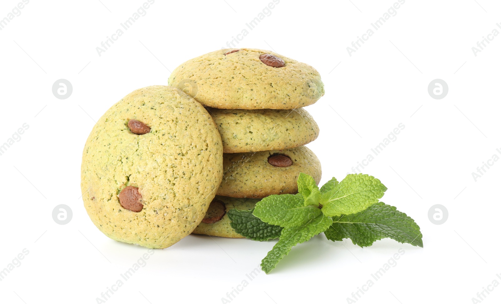 Photo of Delicious mint chocolate chip cookies isolated on white