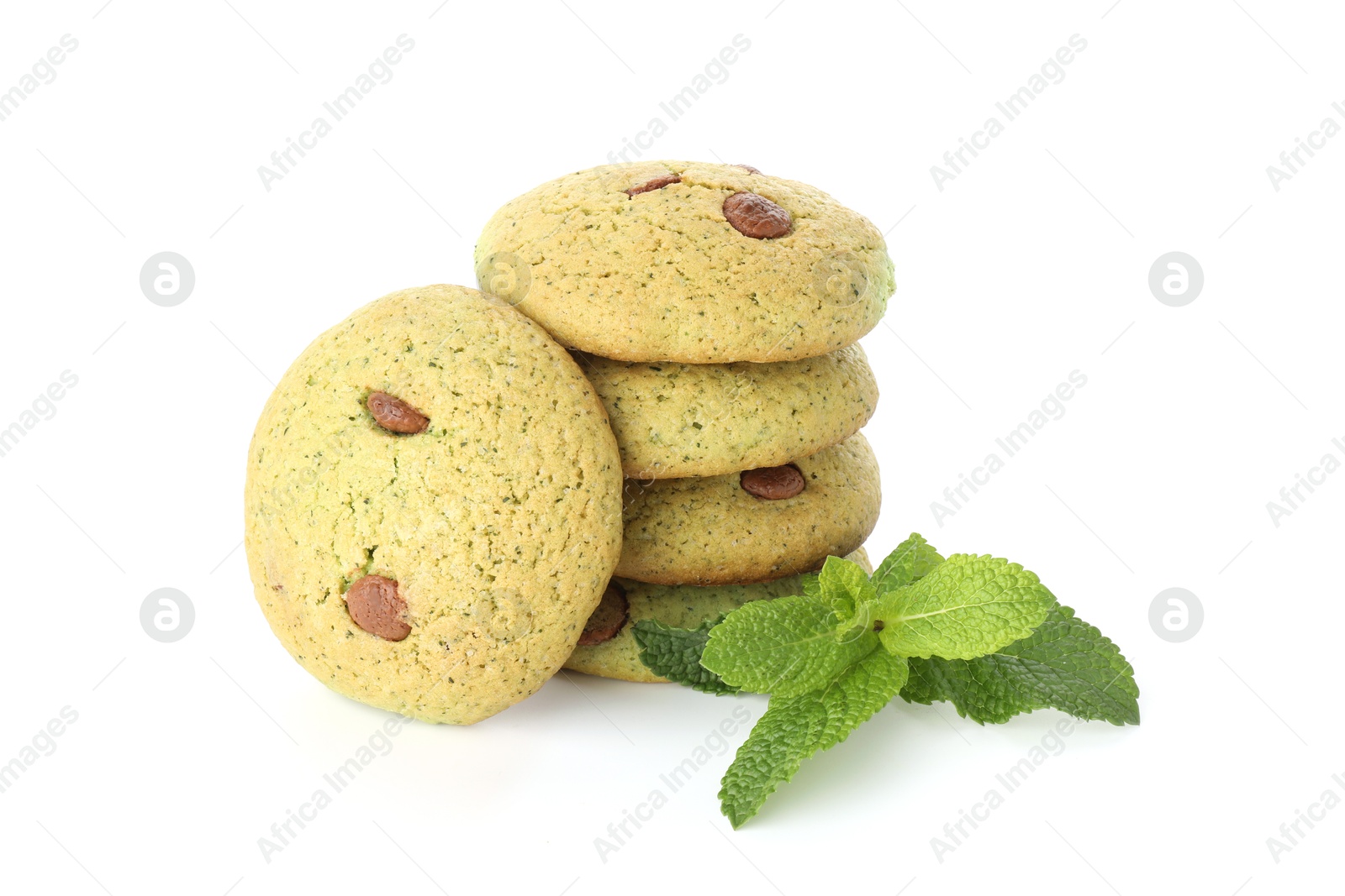 Photo of Delicious mint chocolate chip cookies isolated on white