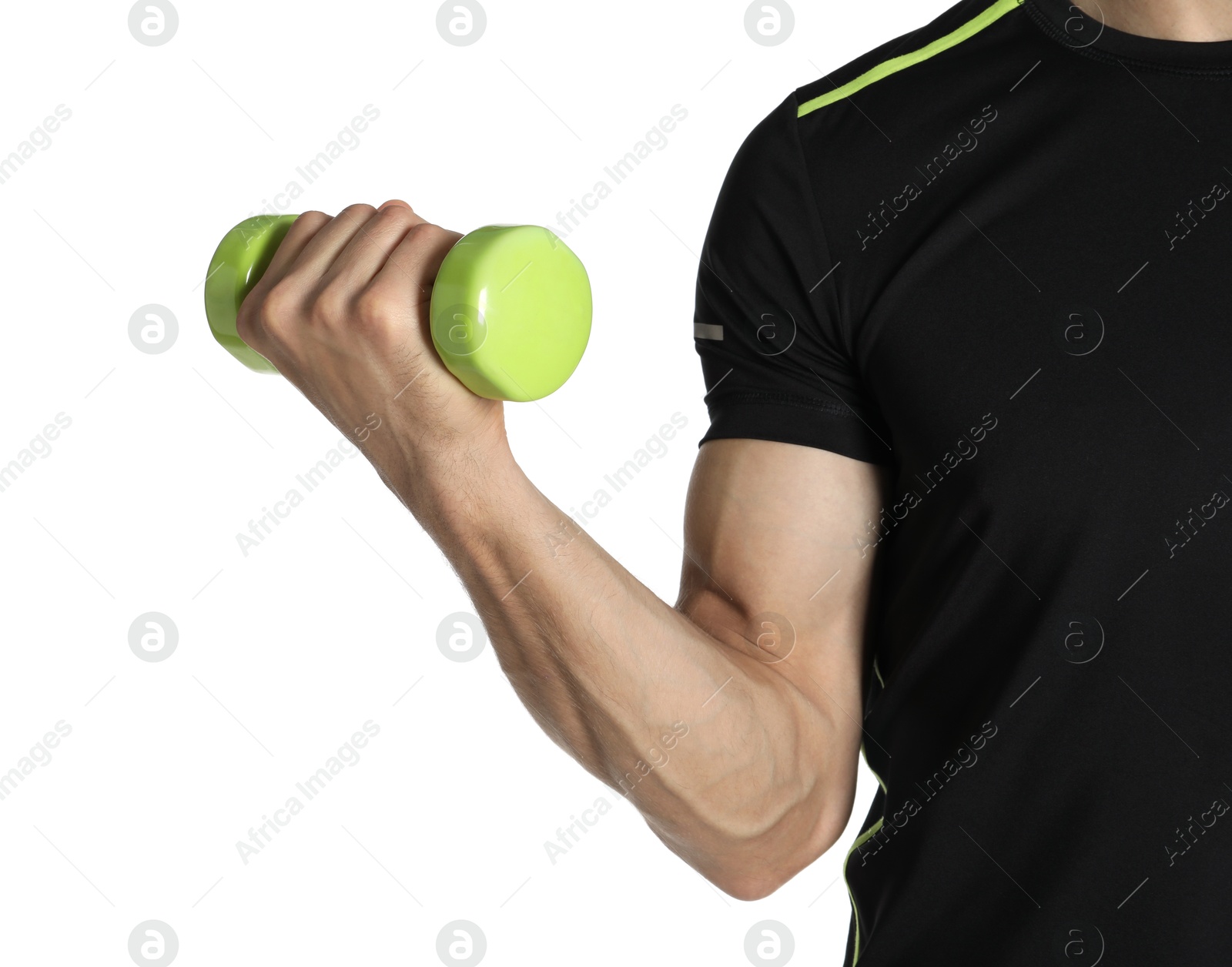 Photo of Man exercising with dumbbell on white background, closeup