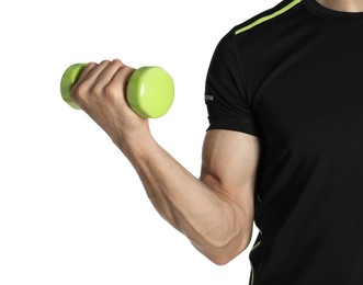 Photo of Man exercising with dumbbell on white background, closeup