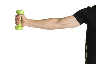 Photo of Man exercising with dumbbell on white background, closeup