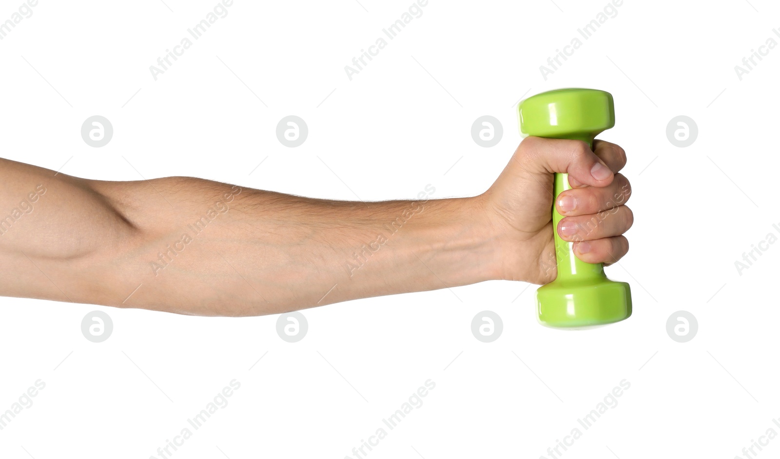 Photo of Man exercising with dumbbell on white background, closeup