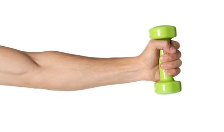 Photo of Man exercising with dumbbell on white background, closeup