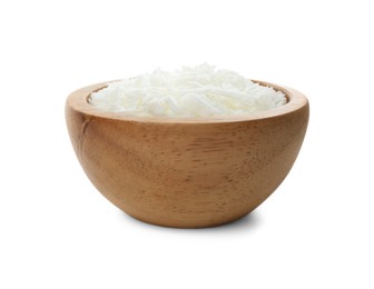 Photo of Soy wax in wooden bowl isolated on white