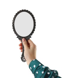 Photo of Woman holding vintage mirror on white background, closeup