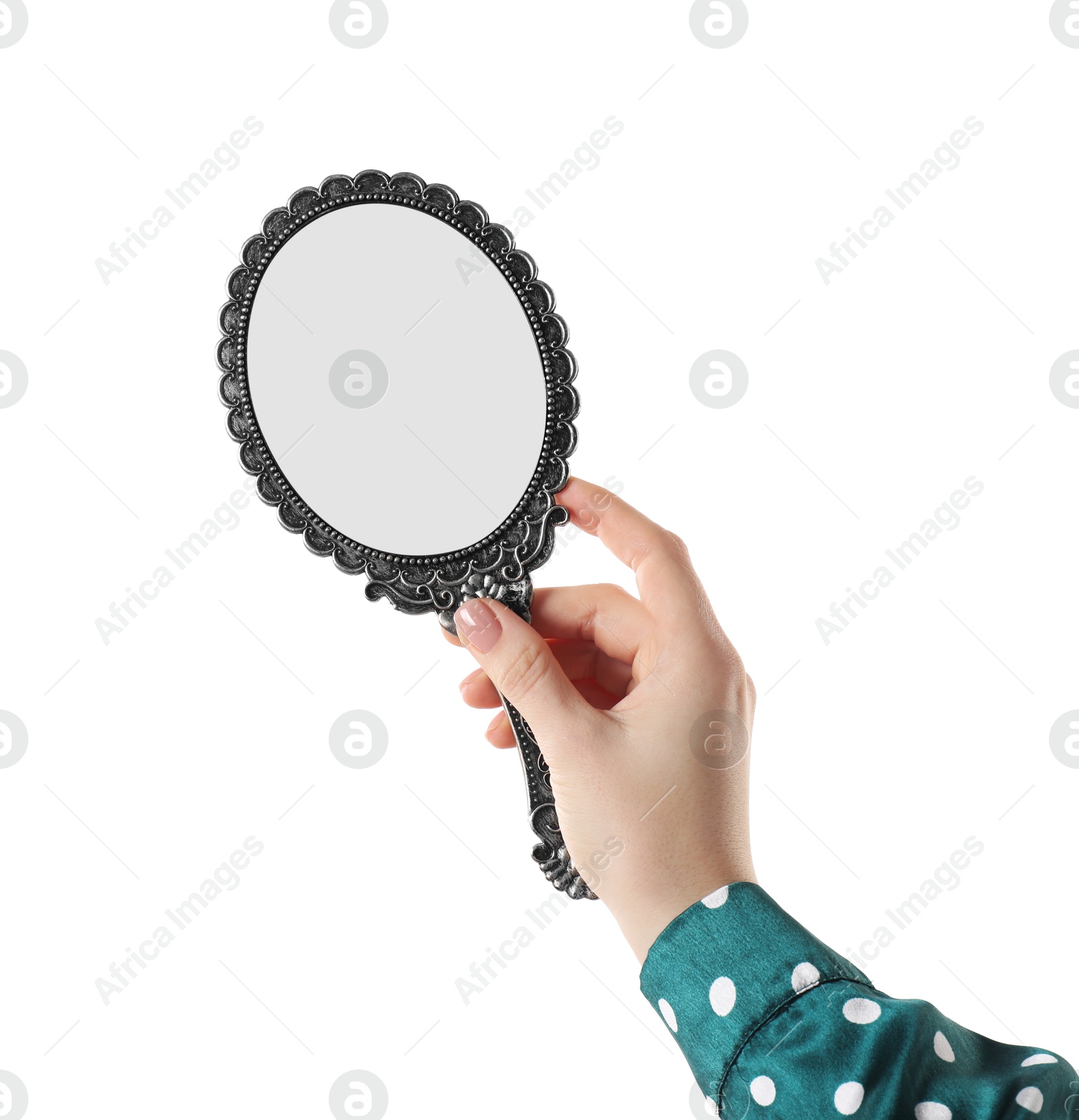 Photo of Woman holding vintage mirror on white background, closeup