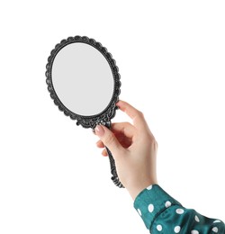 Photo of Woman holding vintage mirror on white background, closeup