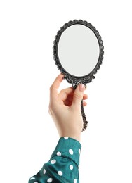 Photo of Woman holding vintage mirror on white background, closeup