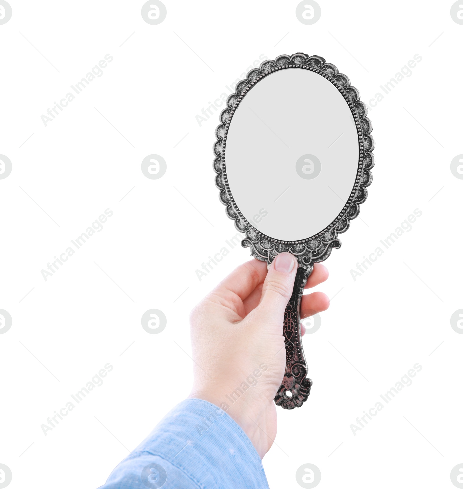 Photo of Woman holding vintage mirror on white background, closeup