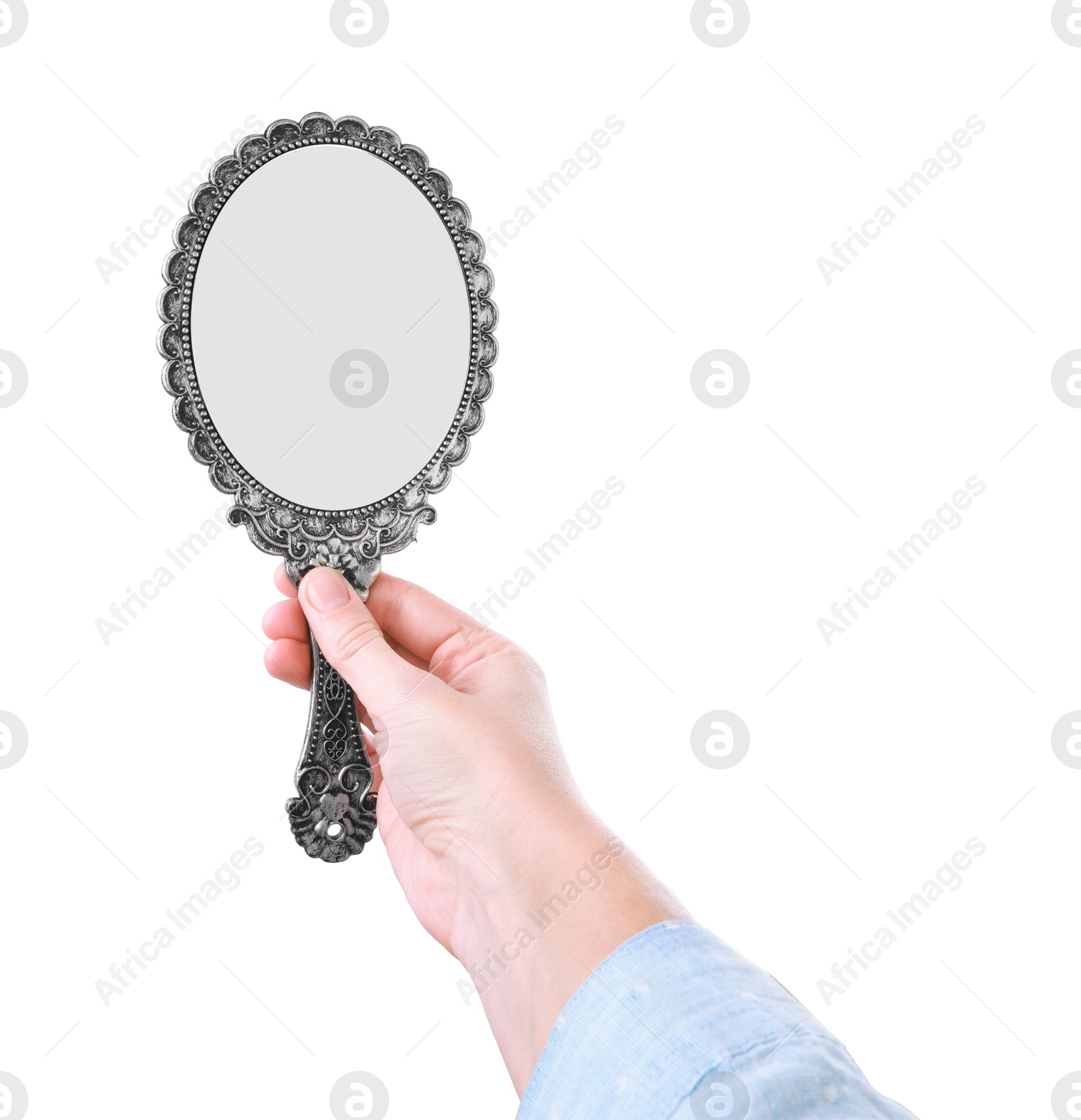 Photo of Woman holding vintage mirror on white background, closeup