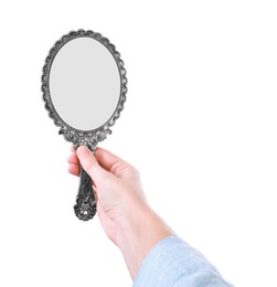 Photo of Woman holding vintage mirror on white background, closeup