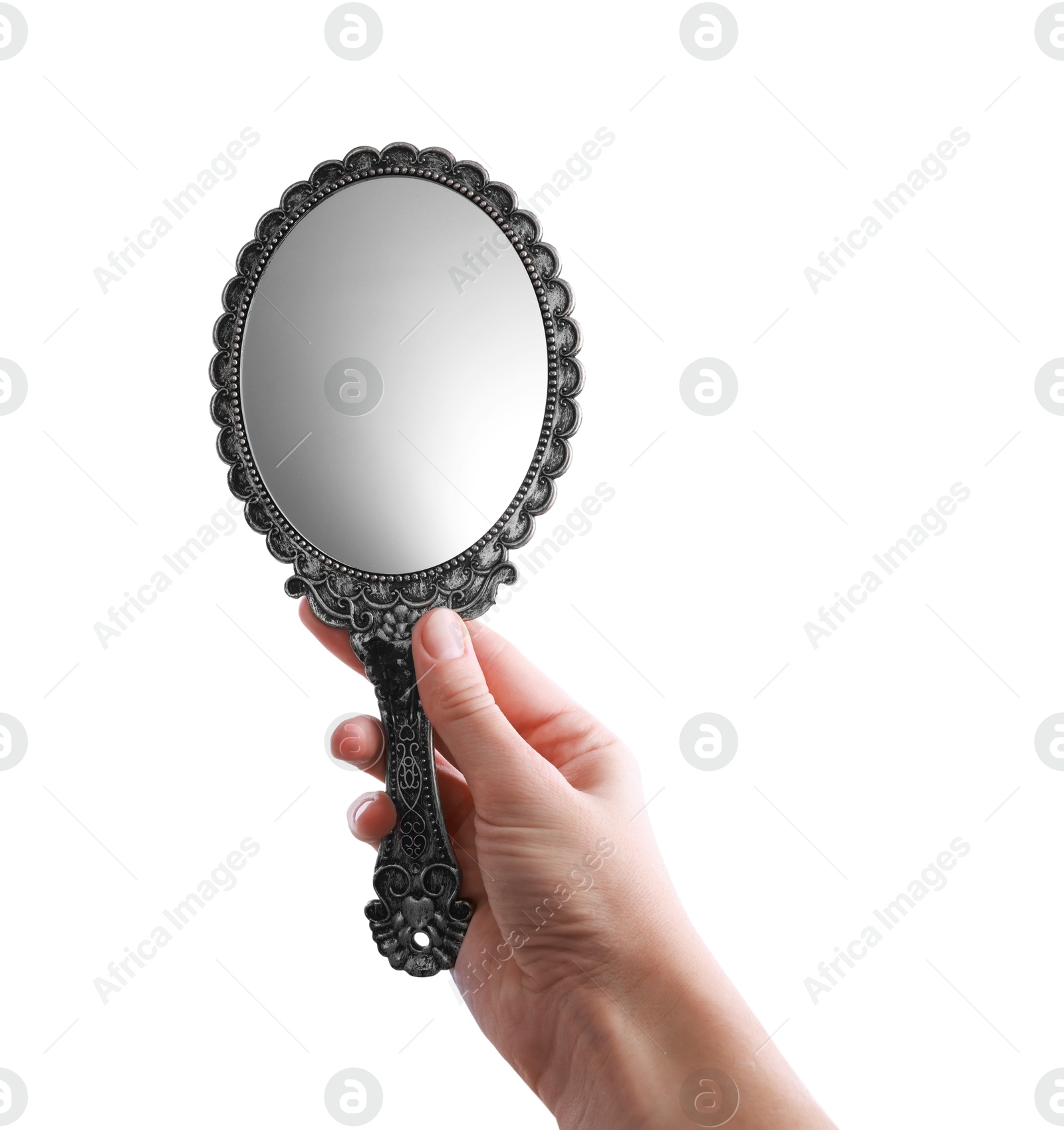 Photo of Woman holding vintage mirror on white background, closeup