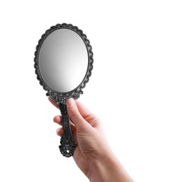 Photo of Woman holding vintage mirror on white background, closeup