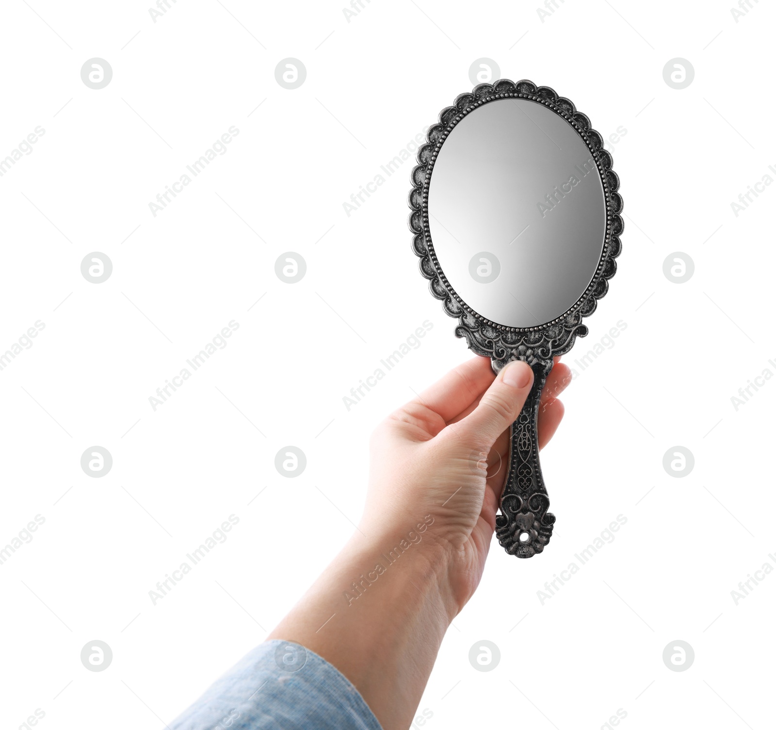 Photo of Woman holding vintage mirror on white background, closeup