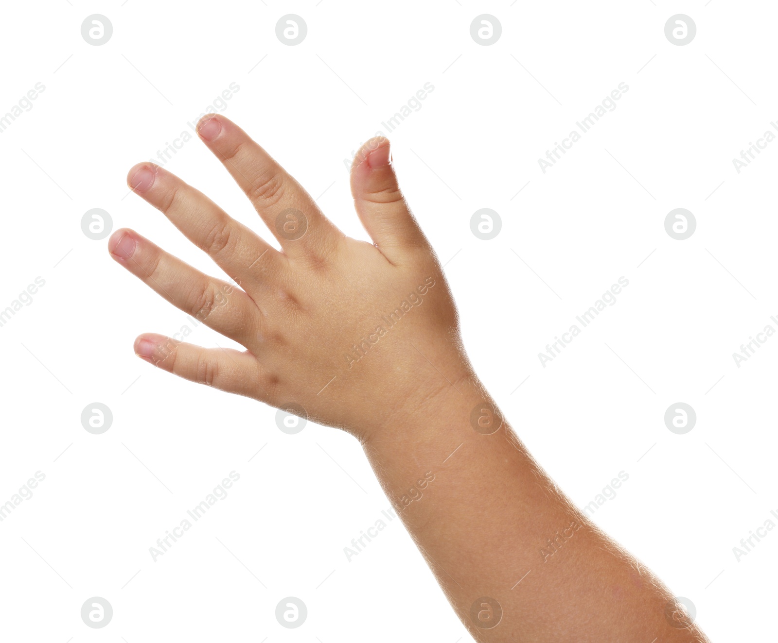 Photo of Little child on white background, closeup of hand