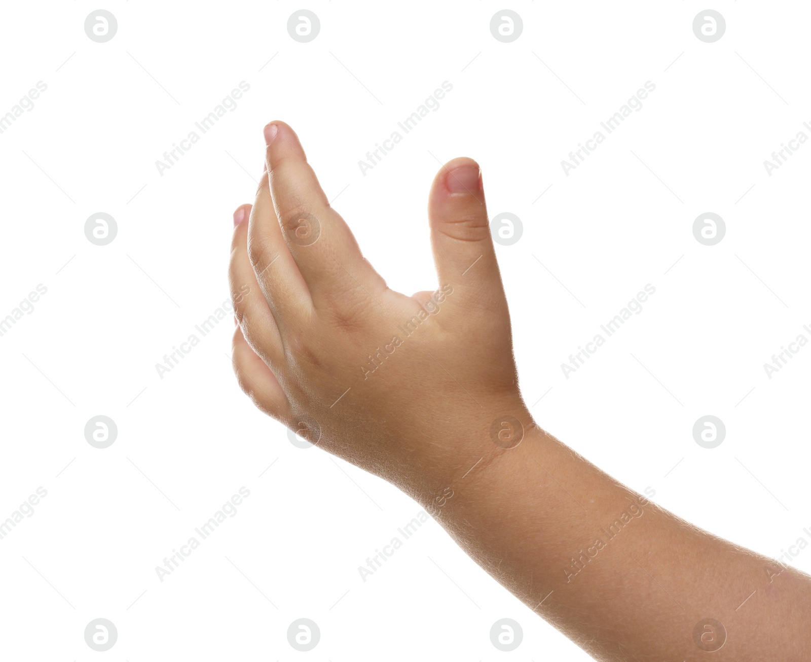 Photo of Little child on white background, closeup of hand