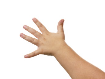 Photo of Little child on white background, closeup of hand