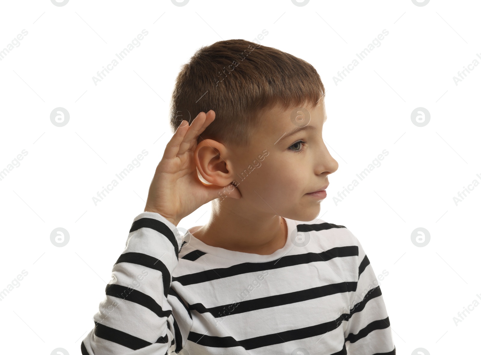 Photo of Little boy showing hand to ear gesture on white background