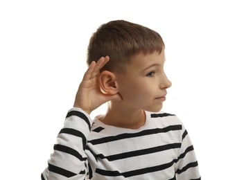 Little boy showing hand to ear gesture on white background