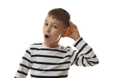 Photo of Little boy showing hand to ear gesture on white background