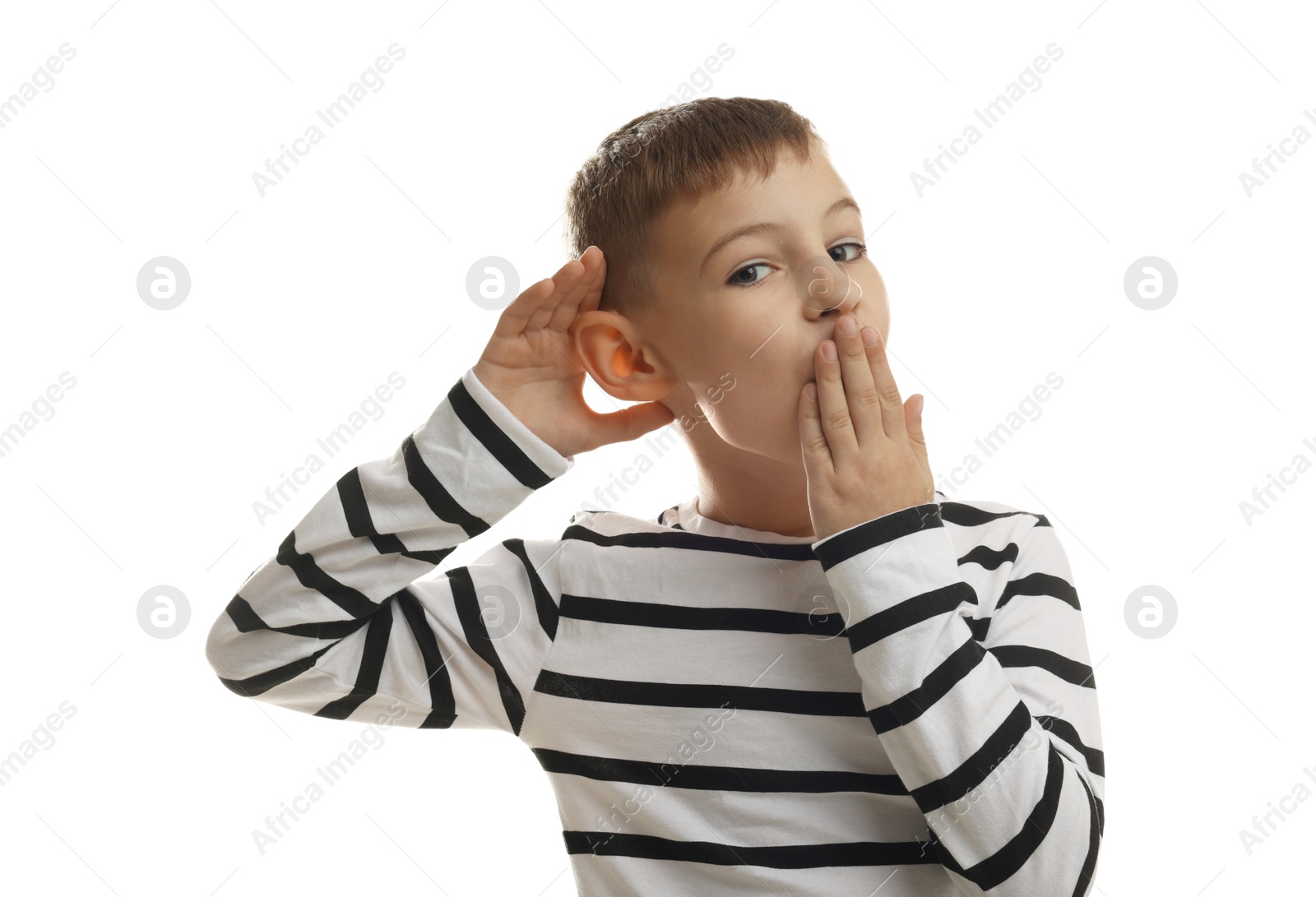 Photo of Little boy showing hand to ear gesture on white background