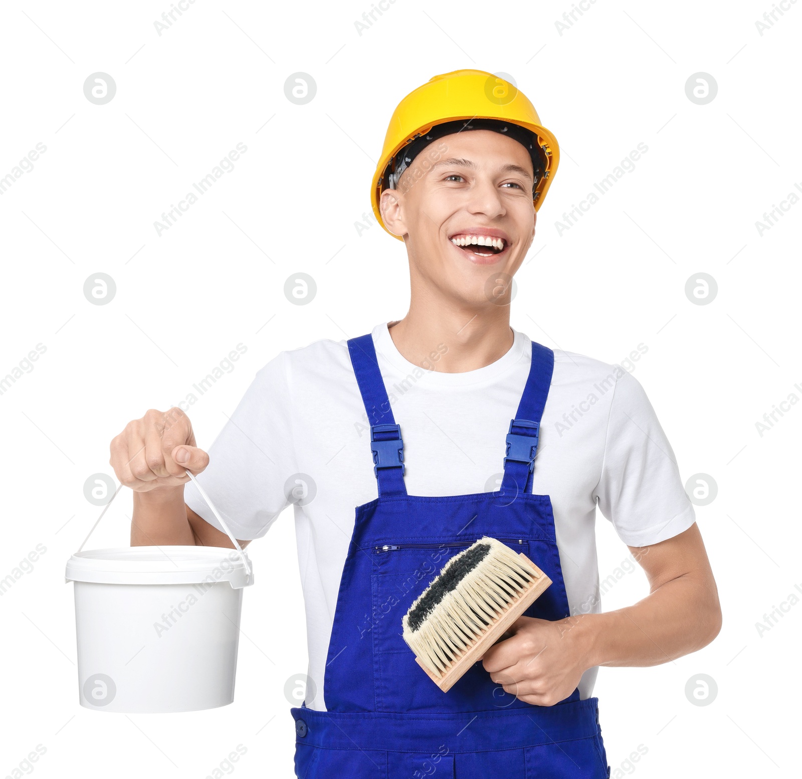 Photo of Portrait of young decorator with paint brush and bucket on white background