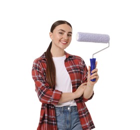 Photo of Portrait of young decorator with paint roller on white background