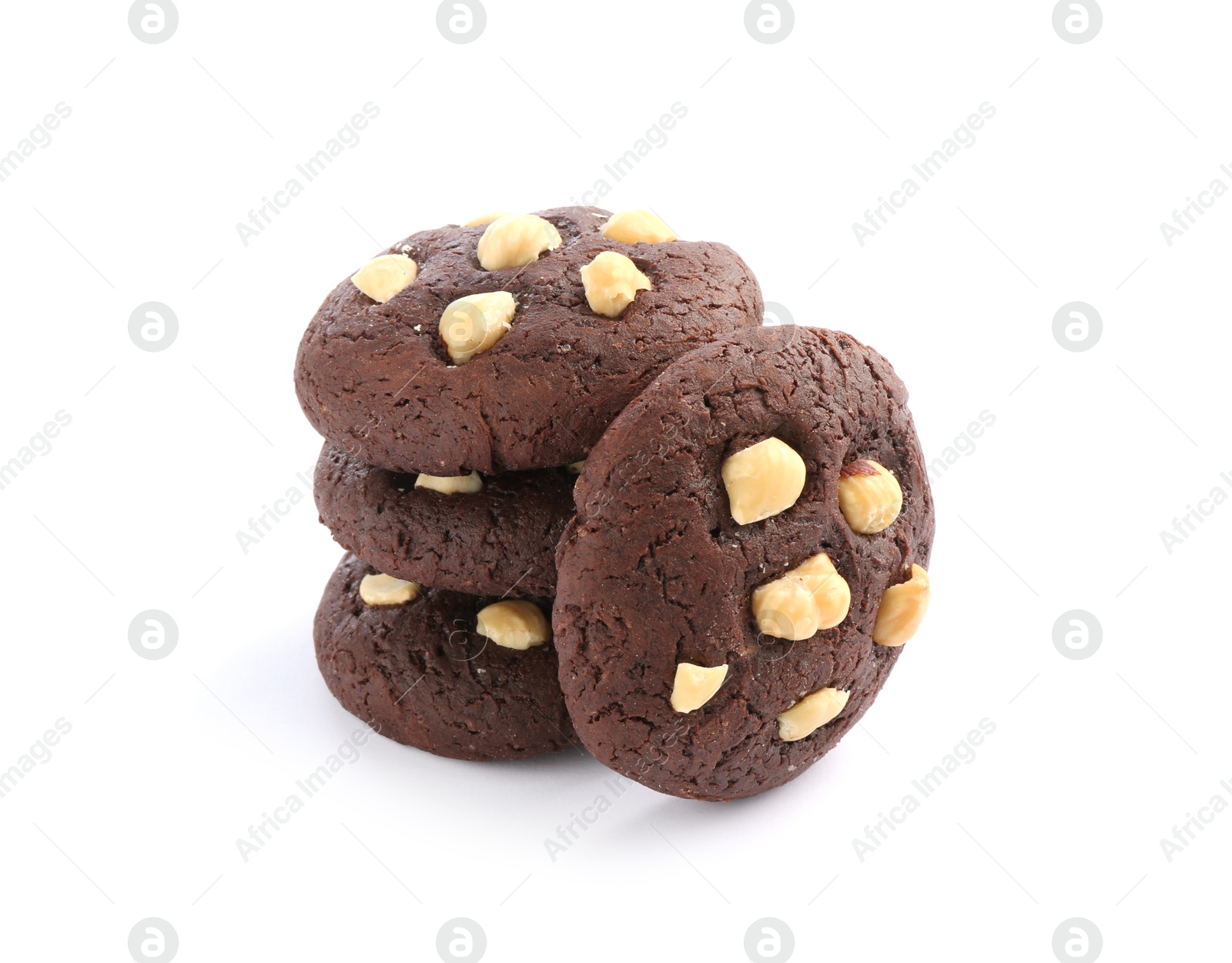 Photo of Tasty chocolate cookies with hazelnuts isolated on white