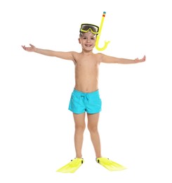 Cute little boy in beachwear with snorkeling equipment on white background