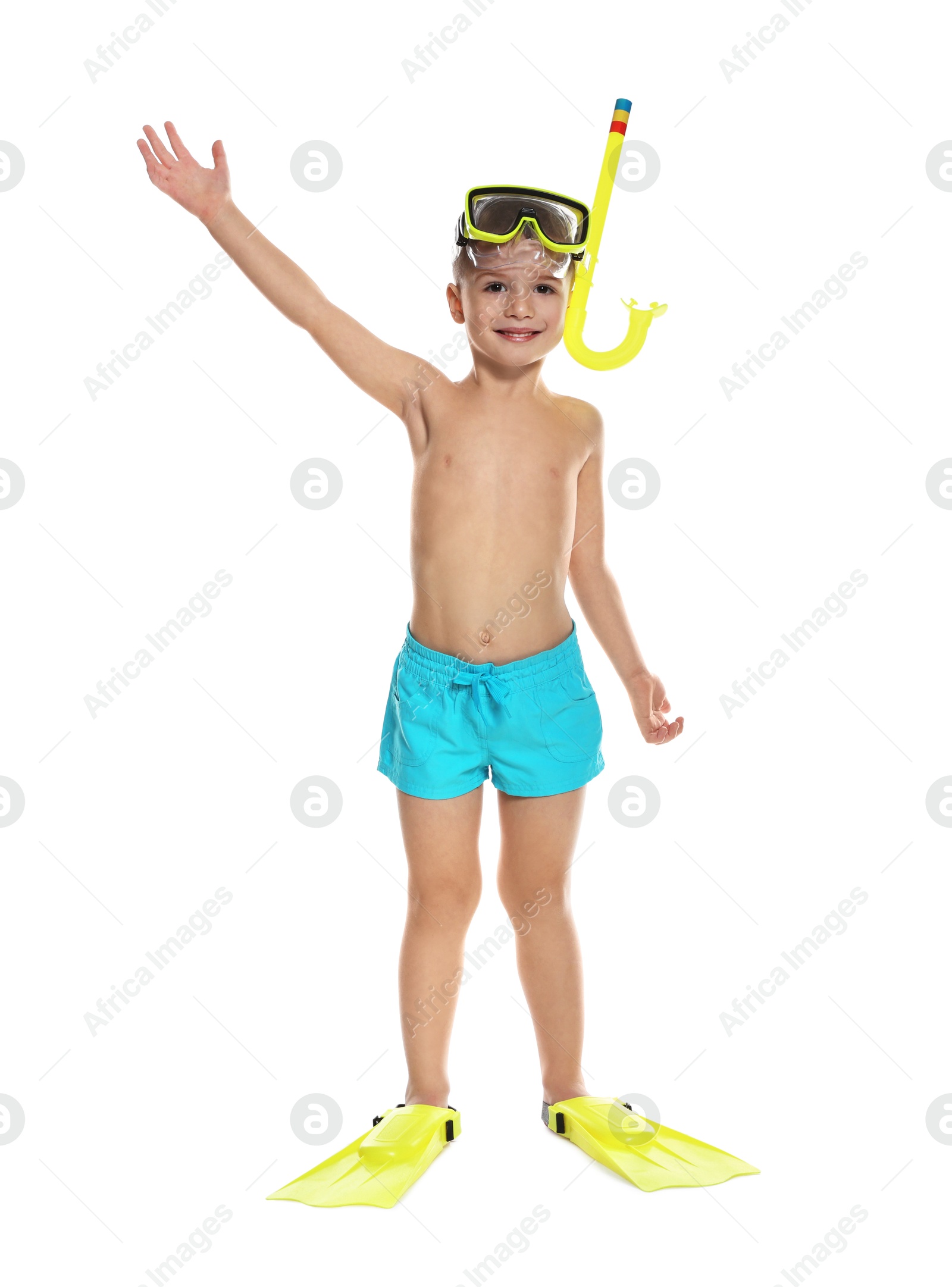 Photo of Cute little boy in beachwear with snorkeling equipment on white background