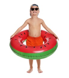 Cute little boy in beachwear with inflatable ring on white background