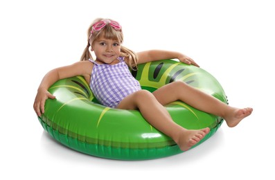 Photo of Cute little girl in beachwear with diving mask and inflatable ring on white background