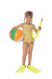 Photo of Cute little girl in swimsuit with inflatable ball and snorkeling equipment on white background