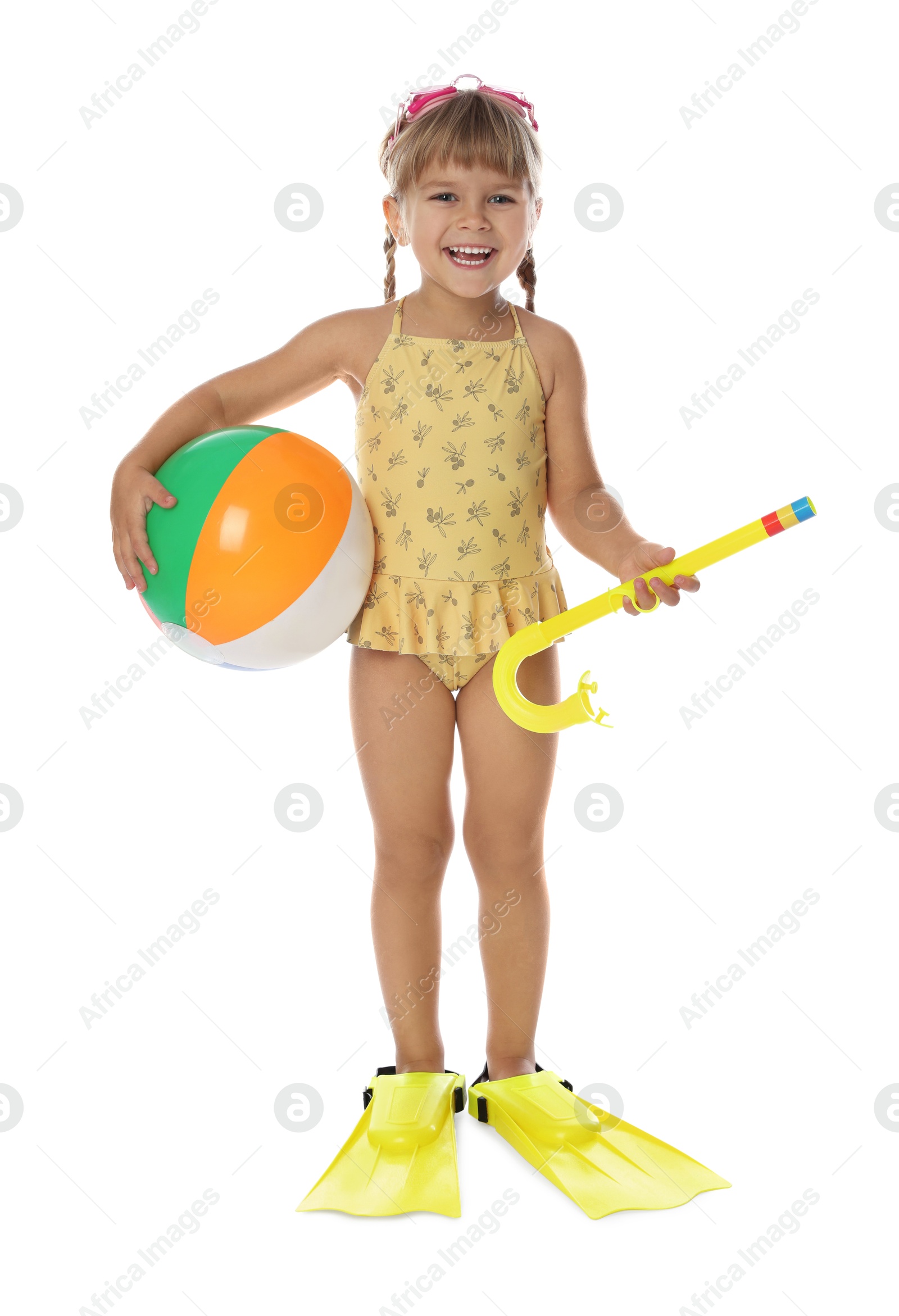 Photo of Cute little girl in swimsuit with inflatable ball and snorkeling equipment on white background