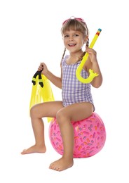 Photo of Cute little girl in swimsuit with inflatable ball and snorkeling equipment on white background