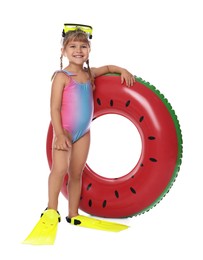 Photo of Cute little girl in swimsuit with inflatable ring, diving mask and flippers on white background