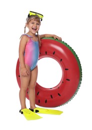 Cute little girl in swimsuit with inflatable ring, diving mask and flippers on white background