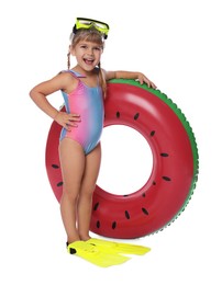 Photo of Cute little girl in swimsuit with inflatable ring, diving mask and flippers on white background