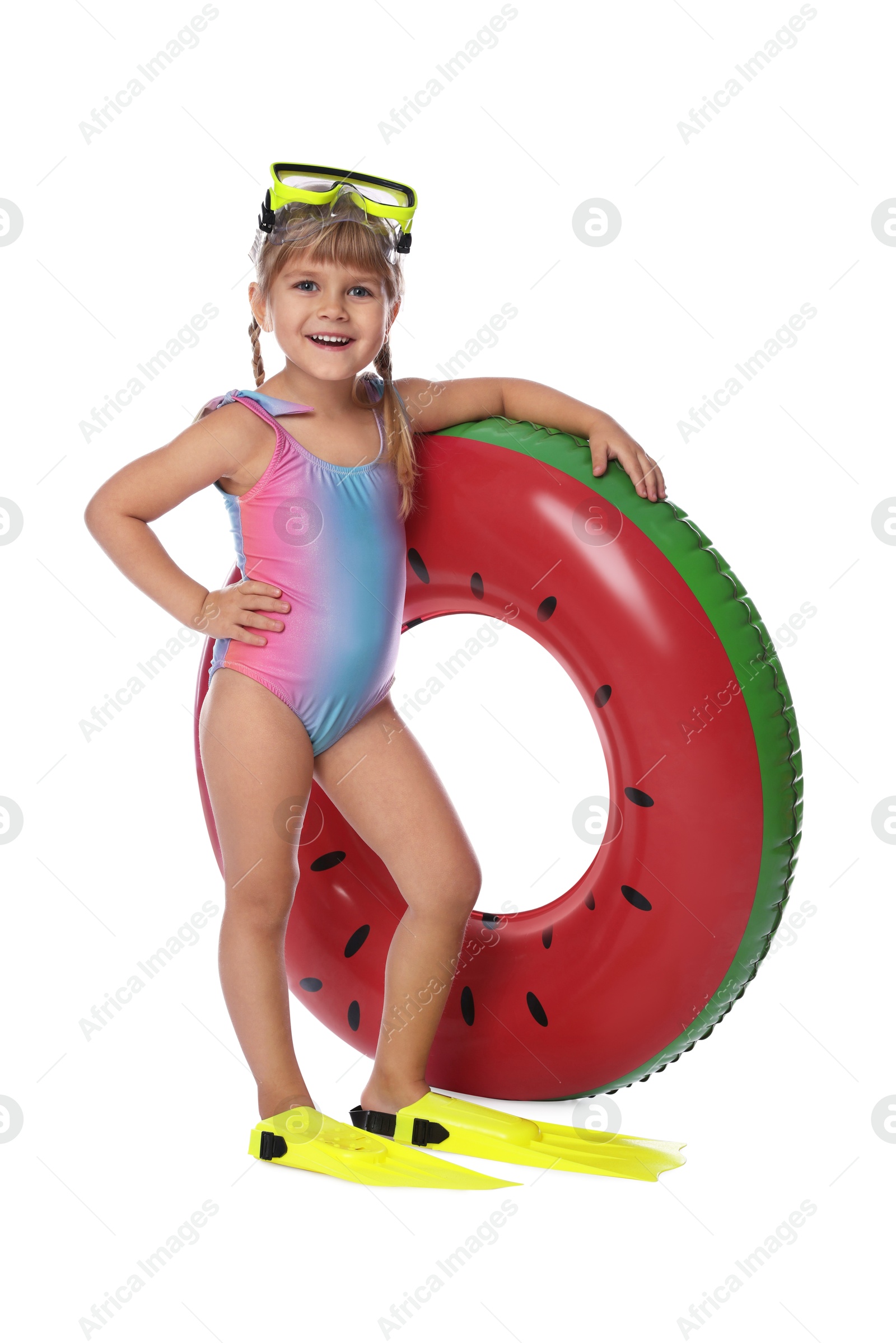 Photo of Cute little girl in swimsuit with inflatable ring, diving mask and flippers on white background