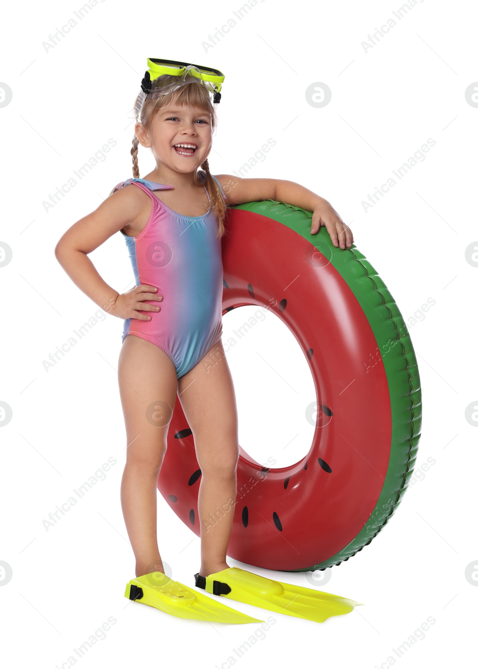 Photo of Cute little girl in swimsuit with inflatable ring, diving mask and flippers on white background