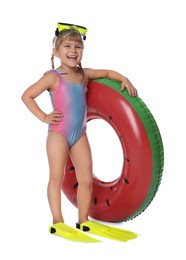 Photo of Cute little girl in swimsuit with inflatable ring, diving mask and flippers on white background