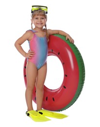 Photo of Cute little girl in swimsuit with inflatable ring, diving mask and flippers on white background