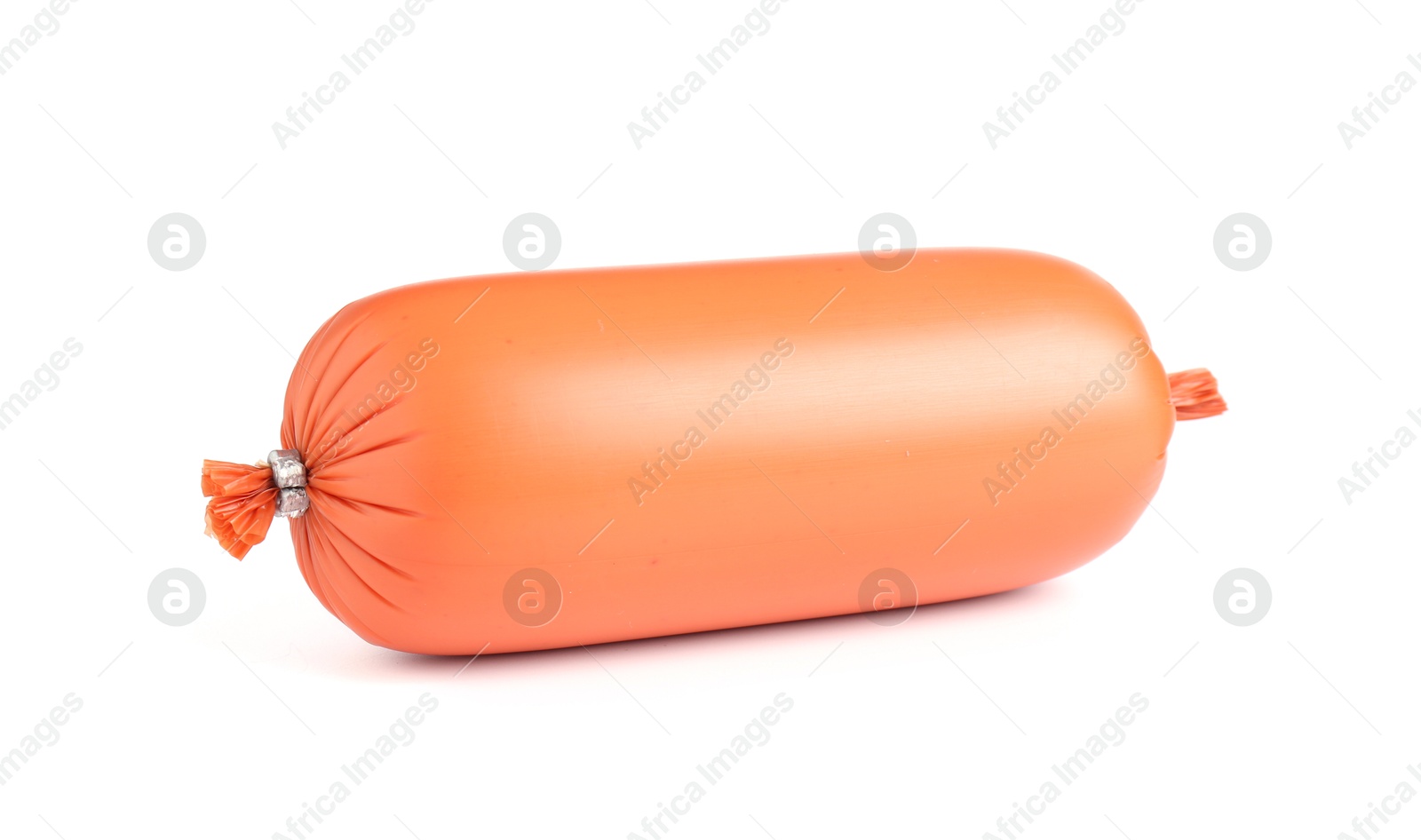 Photo of One tasty boiled sausage isolated on white