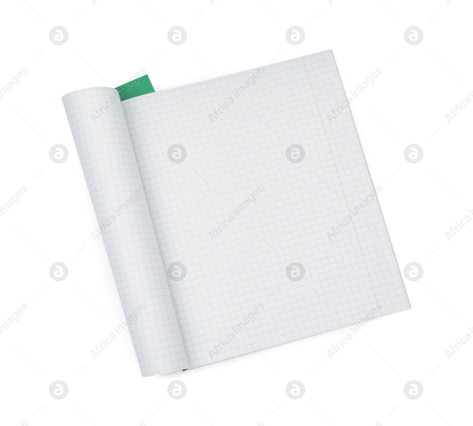 Photo of One open copybook isolated on white, top view. School stationery