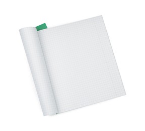 Photo of One open copybook isolated on white, top view. School stationery