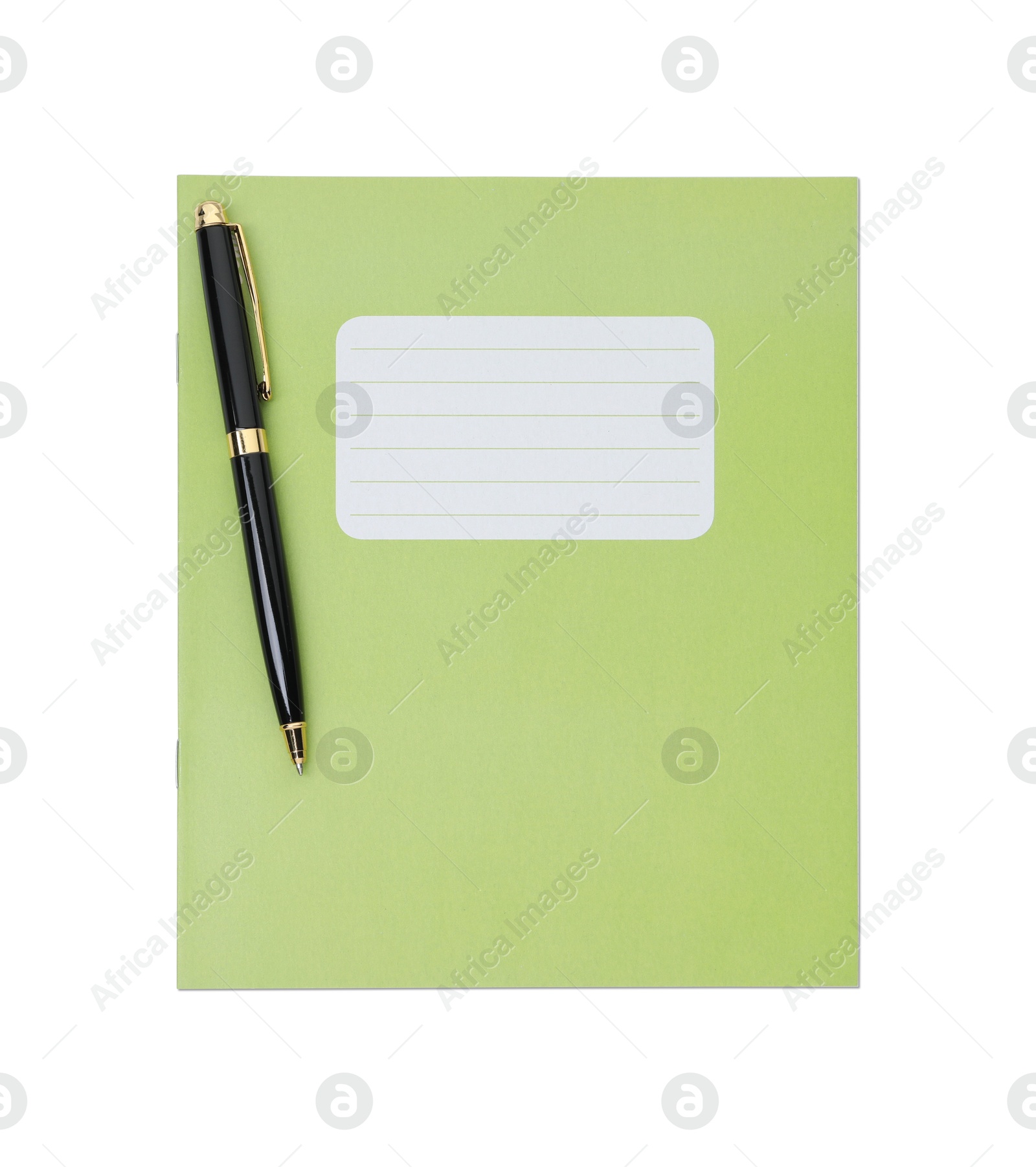 Photo of Copybook and pen isolated on white, top view. School stationery