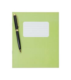 Photo of Copybook and pen isolated on white, top view. School stationery