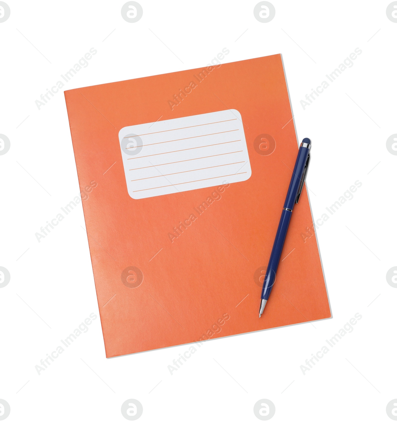 Photo of Copybook and pen isolated on white, top view. School stationery