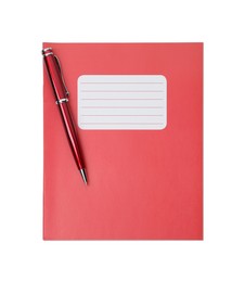 Photo of Copybook and pen isolated on white, top view. School stationery